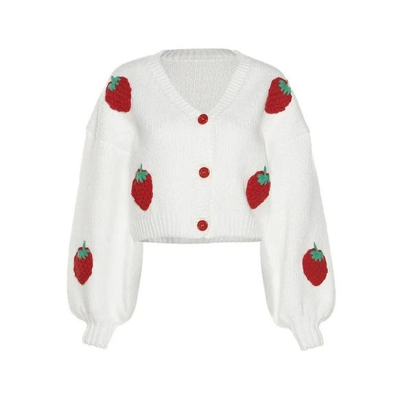 Women Handmade 3D Floral/Strawberry Chunky Knit Cardigan Harajuku Loose Sweater - Picture 4 of 5